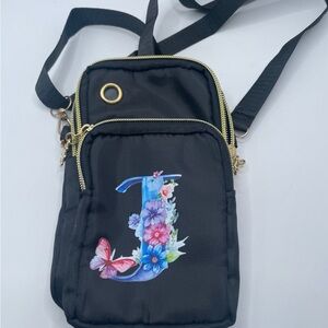 Stylish Black Floral J Initial Crossbody Bag